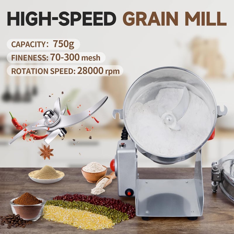 GOLDTOUCH 750g Grain Mill Grinder 2800W Electric Stainless Steel Grain Grinder High-Speed Pulverizer Powder Machine for Dry Wheat, Oats, Corn, Pepper and Coffee Beans (750g Swing Type) - Image 3